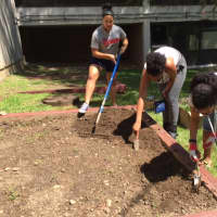 <p>The Woodlands garden club working hard to prepare the location for new flowers.</p>