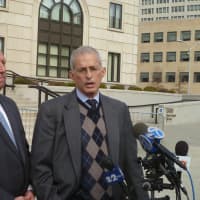 <p>Former state Sen. Nicholas A. Spano and his lawyer, Richard Levitt, in front of the U.S. Courthouse in White Plains in 2012.</p>