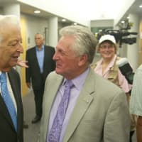 <p>Mayor Rilling and former Mayor Moccia chat after the unveiling.</p>