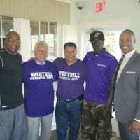 <p>From left: Westhill coach Howard White, Norwalk Mayor Harry Rilling, AD Larry Salvo, Assistant Coach Dwight Vaughn, Assistant Coach Kim Johnson II.</p>