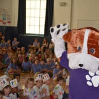 <p>Katonah Elementary School&#x27;s mascot, a bulldog, appears at a 75th birthday assembly.</p>