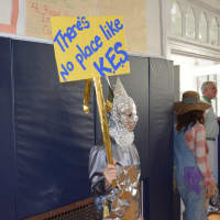 <p>A person dressed as the Tin Man from &quot;The Wizard of Oz,&quot; which was used as a theme for Katonah Elementary School&#x27;s 75th birthday because the movie was released the same year as the school was built.</p>