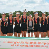 <p>The Saugatuck&#x27;s Lightweight 8 celebrates after winning the gold medal at the USRowing Youth National Championships.</p>