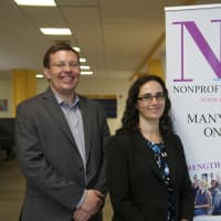 <p>Henry Timms (L), with Joanna Straub, Executive Director, Nonprofit Westchester.</p>