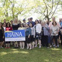 <p>New Rochelle Library President Haina Just-Michael announcing her candidacy for county legislator.</p>