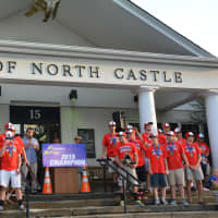 <p>Byram Hills baseball team players and community players rally in front of North Castle Town Hall for the state championship celebration.</p>