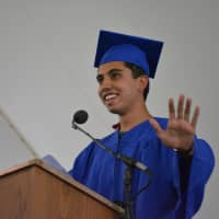 <p>Horace Greeley Student Council President Dev Jhaveri gives his speech.</p>