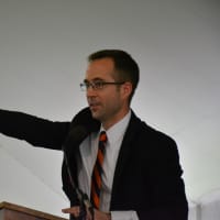 <p>Horace Greeley Assistant Principal Andrew Corsilia gives his speech.</p>