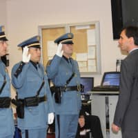 <p>New Rochelle Mayor Noam Bramson administers the oath of office to Lt. Daniel Conca, Det. Sgt. Robert Torr, and Sgt. Mark Trezza
</p>