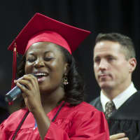 <p>Mariah Lyytle sings the National Anthem at Monday&#x27;s Bridgeport Central High graduation.</p>