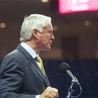 <p>Bridgeport Mayor Bill Finch addresses the crowd at Monday&#x27;s graduations at the Webster Bank Arena.</p>