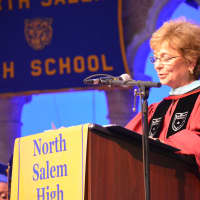 <p>North Salem High School Principal  Patricia Cyganovich speaks at the 2015 commencement</p>