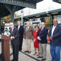 <p>Metro-North President Howard Permut spoke Friday about enhancements to the Bedford Hills station. In the background (from left): Jim Blair, Bob Bickford, Lee Roberts, Bill Henderson and Chris Silvera.</p>