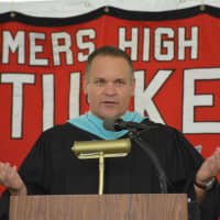 <p>Somers High School Principal Mark Bayer addresses the class of 2015.</p>