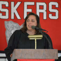 <p>Somers school board President Sarena  Meyer speaks at the 2015 graduation.</p>