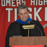 <p>Somers Schools Superintendent Raymond Blanch addresses the class of 2015.</p>