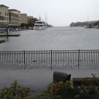 <p>Greenwich Daily Voice reader Caroline Lee submitted this picture of water overflowing from Greenwich Harbor onto Arch Street.</p>