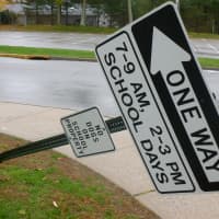 <p>A one-way sign in the White Plains High School parking lot was bent by the force of winds from Hurricane Sandy.</p>