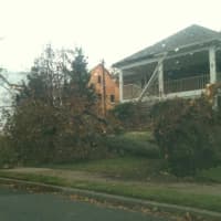 <p>Hurricane Sandy knocked down a tree in front of this home on Post Road in Darien.</p>