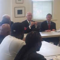 <p>Sen. Richard Blumenthal and Mayor Bill Finch participate in a roundtable Monday morning.</p>