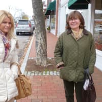<p>Friends Adriana DeGabriel, left, of Stamford and Yvonne Hunkeler of New Canaan met up in Downtown New Canaan on Friday. Both of their homes are without power since Hurricane Sandy. </p>