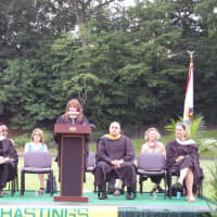 <p>Guest speaker Jeanne Newman, a former Hastings High School teacher and founder of Project SHARE, shared her experience and words of advice for the graduating seniors</p>