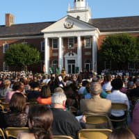 <p>The ceremony was held on the steps of the historic high school.</p>