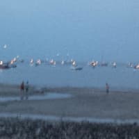 <p>Boats stake out spots in the waters of Long Island Sound before the fireworks begin. </p>