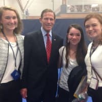 <p>Lexie Prendergast (second from right) and other delegates from Laurel Girls State, along with Sen. Richard Blumenthal</p>
