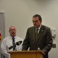 <p>Westchester County police Commissioner George Longworth (center) at a press briefing. </p>