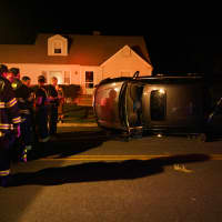 <p>A closeup of the crash involving a car on Osborn Road in the village of Harrison shortly before 11 p.m. on Saturday.</p>