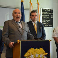 <p>Mount Kisco Mayor Michael Cindrich speaks at a press conference pertaining to the arrest of Freddy Coronado-Mendez.</p>