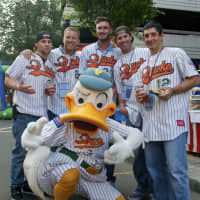 <p>Ducks players, from left: Jon Griffin, Ian Marshall, Cody Puckett, Dan Lyons, Bryan Sabatella, and the Ducks mascot.</p>