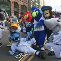 <p>Atlantic League mascots pose for a photo at Tuesday&#x27;s block party in Bridgeport.</p>