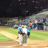 <p>Sugarland Skeeters catcher Travis Scott accepts the game&#x27;s MVP award for his two-RBI night.</p>