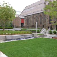<p>The new park, looking toward Grace Church in downtown White Plains.</p>