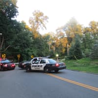 <p>Greenburgh patrol cars block Payne Road near the driveway where Peter Schmidt Sr., a retired town police officer, confronted two burglary suspects as they exited the rear of the unoccupied home before Schmidt was shot by one of the men.</p>