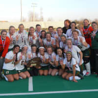 <p>The Lakeland varsity field hockey team holds up four fingers after winning their fourth consecutive New York State Class B field hockey championship Saturday. Lakeland beat Pittsford Sutherland, 6-0.</p>