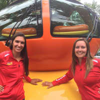 <p>Angela Bumstead, left, and Alissa Endres, are all about promoting Oscar Mayer&#x27;s hotdogs.</p>