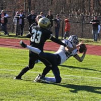 <p>Justin Schaffer catches the decisive touchdown pass in the corner of the end zone in Weston&#x27;s win over Joel Barlow.</p>