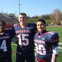 <p>Stepinac&#x27;s, from left, Ryan Burnett, Daniel Hoffer and Chrystian Lopez helped to rally the Crusaders to a 19-18 win over White Plains in the 42nd annual Turkey Bowl on Thursday.</p>