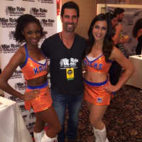 <p>Mike Risko and two New York Knicks City Dancers at the Best of Westchester event at the Glen Island Harbor Club in New Rochelle.</p>