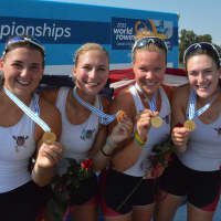 <p>Lizzy Youngling of Westport, second from left, celebrates after winning the Women&#x27;s Four on Saturday.</p>