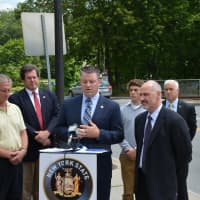 <p>State Sen. Terrence Murphy speaks at a Katonah press conference about grade-crossing safety.</p>