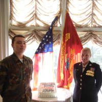 <p>Kamerun LaBrier, left, and Marine Corps Lt. Col. Tiffany Harris attend a brunch to celebrate the 237th birthday of the U.S. Marine Corps.</p>