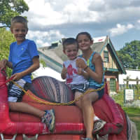 <p>From left: Carter, Collin and Rowan Ivens, of West Hartford, pose high atop the camel.</p>