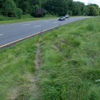 <p>A look at the  tire marks and tracks in the northbound lane where the BMW SUV exited  into the center median, struck an earth embankment, and became airborne into the southbound lanes.</p>