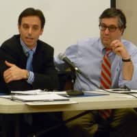 <p>New Canaan Emergency Management Director Mike Handler, left, speaks during Thursday&#x27;s post-storm response meeting while First Selectman Robert Mallozzi III listens. </p>