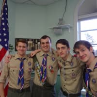 <p>Yorktown Eagle Scout Robert Athanasidy, second from left, poses with fellow troop members at Saturday&#x27;s ceremony.</p>