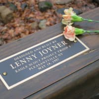 <p>The plaque remembering Pleasantville&#x27;s Lenny Joyner, on the footbridge that he built as an Eagle Scout project in 1997 in Graham Hills Park in Mount Pleasant.</p>